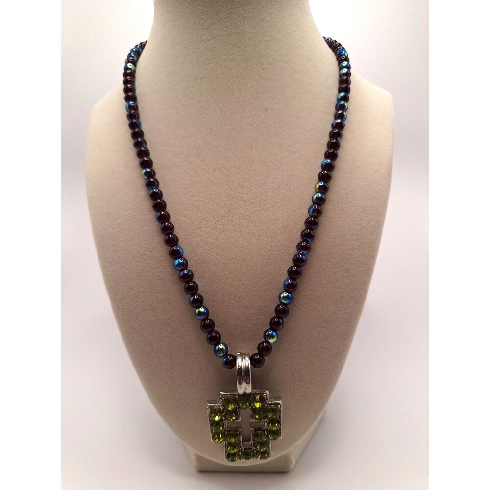 Beaded cross necklace green crystal enhancer iridescent AB 4 mm beads